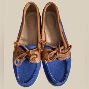 Sperry Top Sider Womens Firefish Nubby Boat Shoes Baltic Blue Canvas Tan Leather